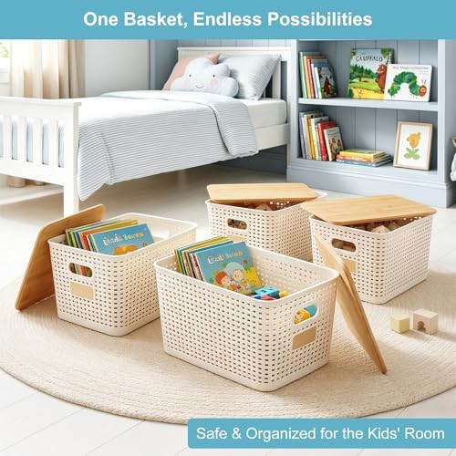 Bagnizer 2 Pack Tall Plastic Storage Bins with Bamboo Lids, 10.8qt Stackable Storages Baskets for Organizing Desktop Closet Playroom Classroom Office, 12"L x 8.3"W x 6.1"H, Cream White - Image 6