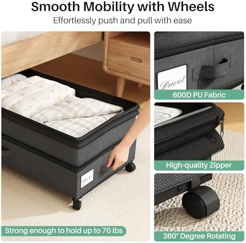 Kitstorack 2Pack Height-adjustable Under Bed Storage with Wheels, Under Bed Storage Containers,Under Bed Shoe Storage Organizer with Clear Window&Label, Suitable for Clothes Storage, Black - Image 4