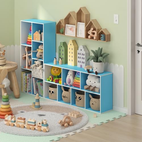 Furinno LUDER 7-Cube Book Shelf, Kids Bookshelf, Toy Storage, White/Blue - Image 3