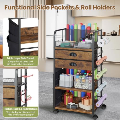 Wrapping Paper Storage Cart with 2 Fabric Drawers, Side Pockets and Hooks - Image 5