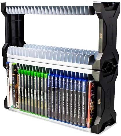 ADZ Universal Game Holder – 46 Game Storage Tower Rack for PS2 PS3 PS4 PS5 PSP Xbox 360 Xbox One Series X Wii Switch Games DVD and Blu-Ray Disks. Includes 2 Controller Mounts (White) by ADZGaming