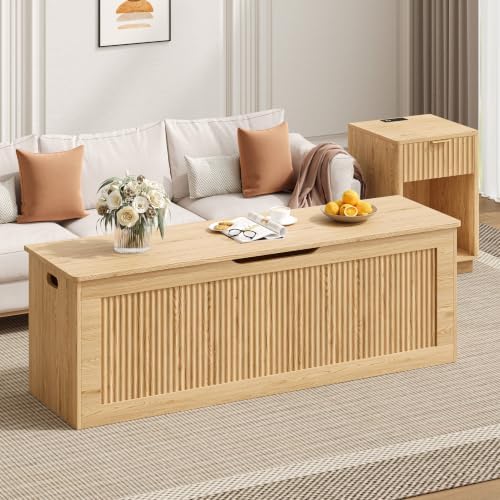 Akxomel 51.2" Fluted Storage Chest Wooden Storage Trunk 2 Safety Hinges Oak by Akxomel