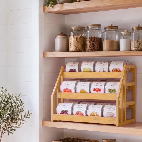 HOMESTEAD Bamboo Can Organizer for Pantry - 3 Tier Rack with Adjustable Dividers, Gravity Feed Canned Goods Organizer, 36 Cans Soda Storage - Image 5