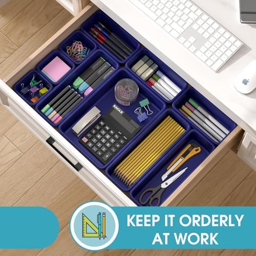 StoreHappily 10 PCS Drawer Organizer Set, 4 Size Makeup Drawer Divider Organizer With Non-Slip Pads, Interlocking Plastic Storage Bins for Office,Jewelry Vanity,Gadgets, Bathroom,Kitchen, Navy - Image 4