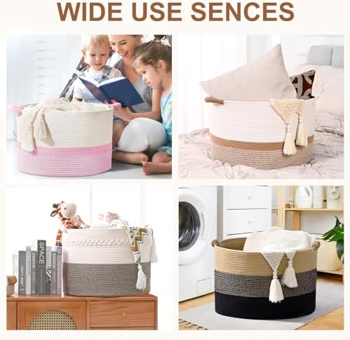 67L Large Blanket Basket, 20"x13" Woven Storage Baskets With Handle, Cotton Rope Blanket Basket Living Room, Baby Laundry hamper for Blanket, Nursery, Toy, Pillow (White & Oatmeal) - Image 5