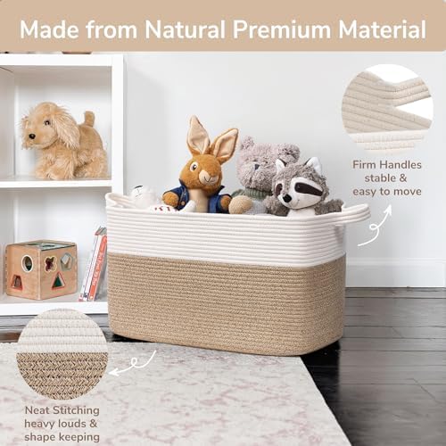 Goodpick Large Woven Rope Blanket Basket, Rectangle, White & Light Brown - Image 6