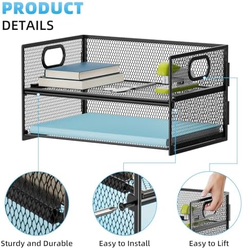 Marbrasse 2 Tier Paper Organizer Letter Tray, Mesh File Organizer with Handle, Paper Sorter Desk Organizer for Home Office Supplies - Black - Image 2