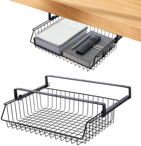 Under Desk Drawer, Slide Out Design,No Drill Metal Under Desk Cable Management, Storage Shelf Tray Basket Under Table Drawer Organizer for Office, Home, Workspace, Cabinet by Unknown