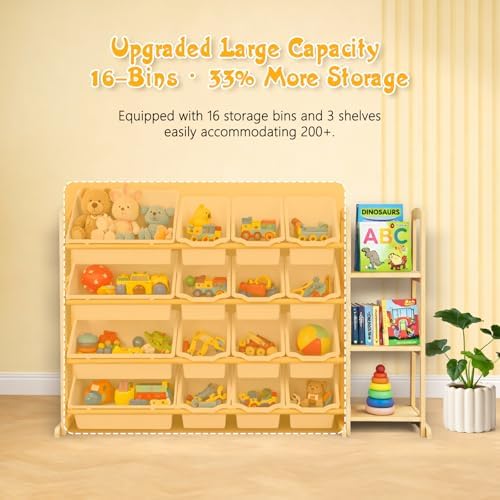 Kids Toy Storage Organizer with Bookshelf – Wooden Shelf with 16 Bins & 3 Shelves, Quick Assembly Storage Rack for Playroom, Bedroom, Nursery - White - Image 4