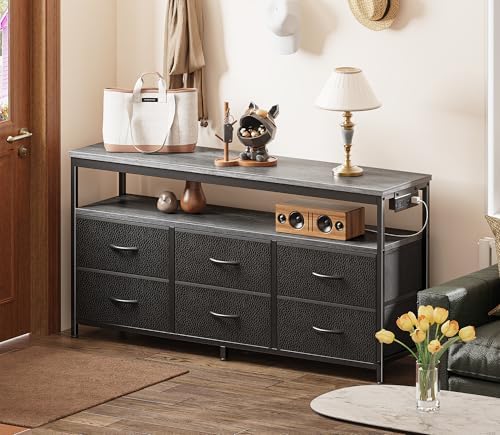 Huuger LED TV Stand for Bedroom, 47 Inch Dresser TV Stand for 43, 50, 55 Inch TV, Grey Black TV Stand with Storage, Entertainment Center with Power Outlets, 6 Drawer Fabric Dresser for Living Room - Image 3