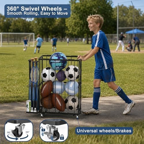 Ball Storage Rack with Side Bat Holder, Wheels, Garage Organizer - Image 3