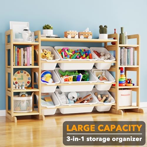 SpaceAid Large Toy Storage Organizer 9 Shelves 9 Bins, Toy Organizers Storage Bookshelf, Kids Bin Shelf Toys Box Bookcase for Bedroom Playroom Organization Room Decor, White - Image 3