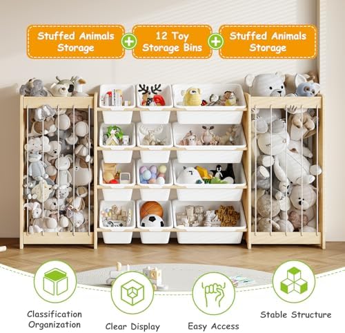 EXPERLAM Large Toy Storage Organizer, Wooden Stuffed Animal Storage & 12-Bins Toy Organizer, Double-Sided Plush Toy Holder Featuring Thicker Ropes, Space Save Playroom Nursery Bedroom Storage, White - Image 4