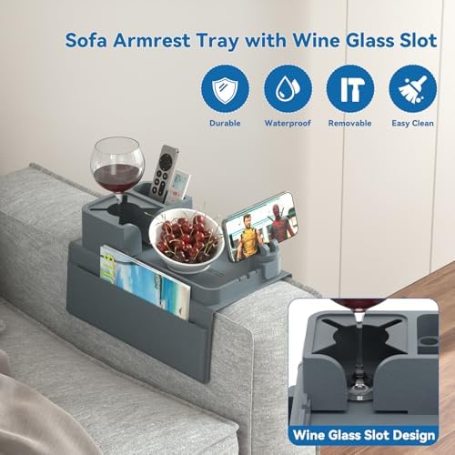 Couch Arm Tray Silicone Couch Arm Cup Holder Wide Sofa Armrest Tray with Dual Side Pockets, 360° Swivel Phone Holder & Glass Slot, Anti-Slip Couch Drink Holder Caddy for Remote Tablet Magazine Blue - Image 3