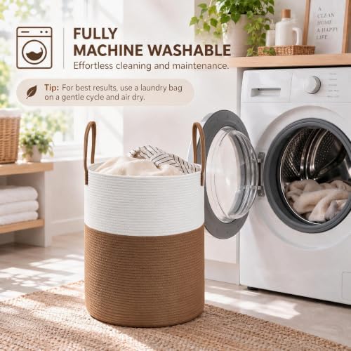JMvicyroam 80L Cotton Rope Laundry Basket Hamper, White and Brown - Image 5