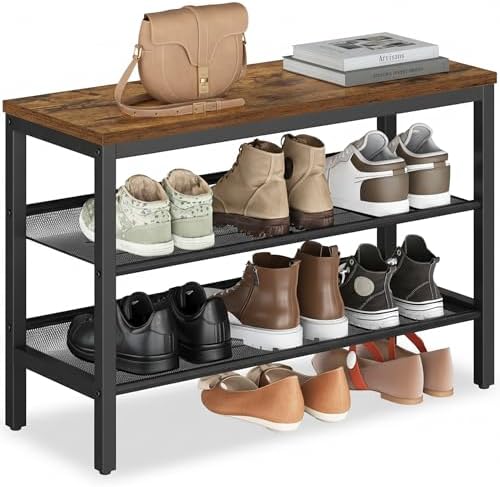 VASAGLE 3 Tier Shoe Rack Bench, One Piece Shelves, Shoe Storage Organizer with Raised Edges, Industrial Style, Easy Assembly, 11 x 29.5 x 19.7 Inches, Rustic Brown and Matte Black ULSB070KD01S by VASAGLEbySONGMICSHOME