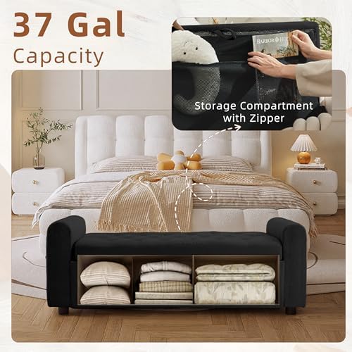 48" Ottoman with Storage, Tufted Storage Ottoman Bench, Convenient Living Room Fabrics Bench Seat, Entryway Shoe Benches with Inner Zipper & Arm, Rivetless Upholstered Window Seat Ottomans, Black - Image 3