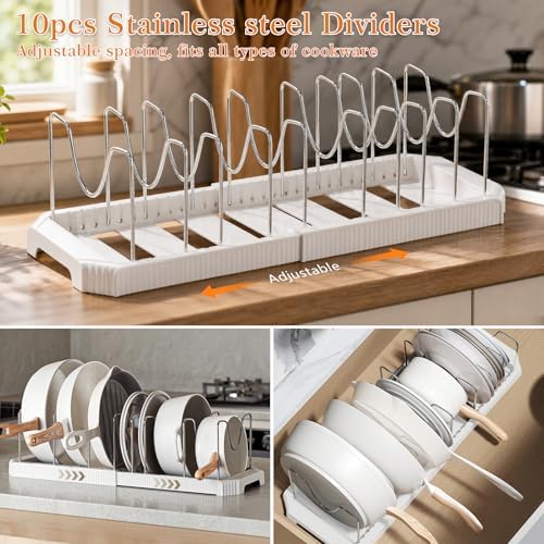 2 Pack Expandable Pots and Pans Organizer Under Cabinet, 13-22" Kitchen Cabinet Organizer with 10 Adjustable Dividers and 10Pcs Pot Protectors for Lids, Baking Sheets & Cookware (2, White) - Image 2