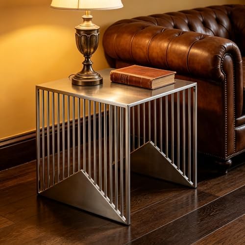 Stainless Steel Side Table - Geometric Vertical Slat Metal End Table, Modern Industrial Square Accent Table for Living Room, Bedroom, Small Spaces - Sturdy Nightstand, Easy to Clean - Image 2