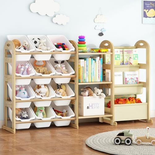 Toy Storage Organizer with 3 Shelves &12 White Bins, Kids Bin Bookshelf | 2-Tier Bookshelf/Bookcase with Storage Box, Toys Box for Bedroom, Playroom, Organization Room Decor - Image 2