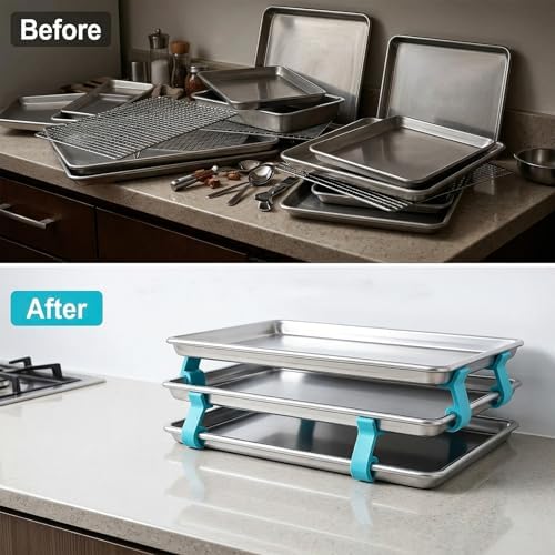 16Pcs Cookie Baking Sheet Stacker, Stackable Baking Sheet Holders, Reusable Stacking Clips Divider for Cake Pan Cooling Rack Freeze Dryer Trays, Space-Saving, Fit for Home Kitchen Refrigerator (Blue) - Image 3