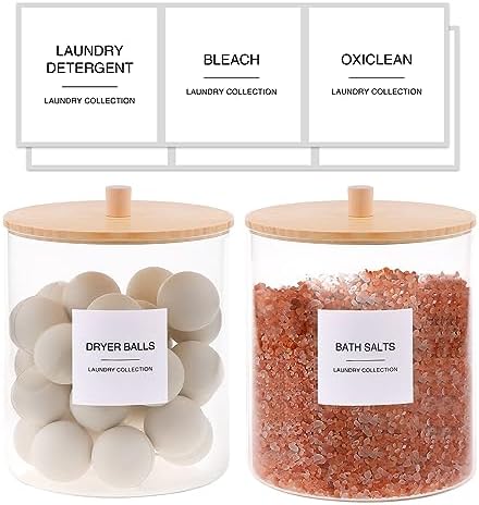 TIPGO Glass Jars and Acrylic Dryer Sheet Holder, Laundry Pods Container with Bamboo Lid and 27 Labels, Powder Detergent Containers for Laundry Room Organization, Storage Jars Set (3 Pack) - Image 2