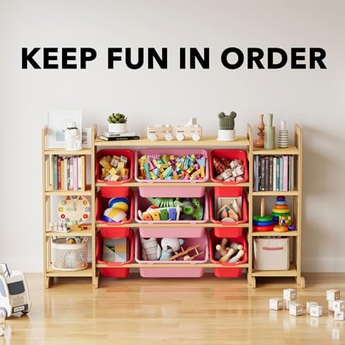 SpaceAid Large Toy Storage Organizer 9 Shelves 9 Bins, Toy Organizers Storage Bookshelf, Kids Bin Shelf Toys Box Bookcase for Bedroom Playroom Organization Room Decor, Red and Pink - Image 6