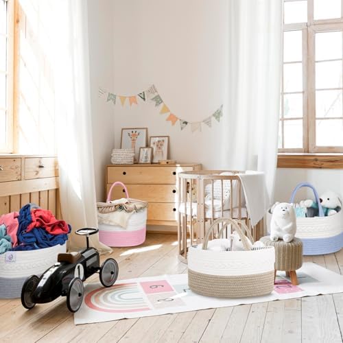 KiddyCare Woven Diaper Caddy Organizer, Large Gray Multi Functional Portable Baby Basket with Handle, Baby Gift for Boy/Girl Nursery Storage, Organization, and Modern Car Diaper Caddy Natural Large - Image 6