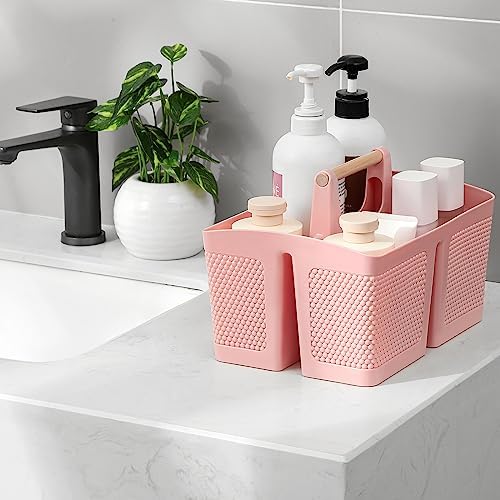 rejomiik Portable Plastic Shower Caddy with Bamboo Handle, Pink - Image 2