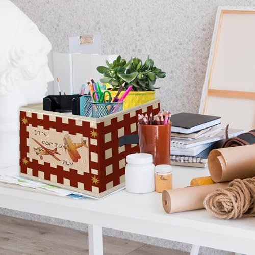 Airplane Nursery Foldable Storage Bins Box with Handles, Airplane Aviation Retro Red Gingham Collapsible Toys Books Clothes Organizer Basket for Kids Boy Nursery Room Bedroom Bathroom - Image 3