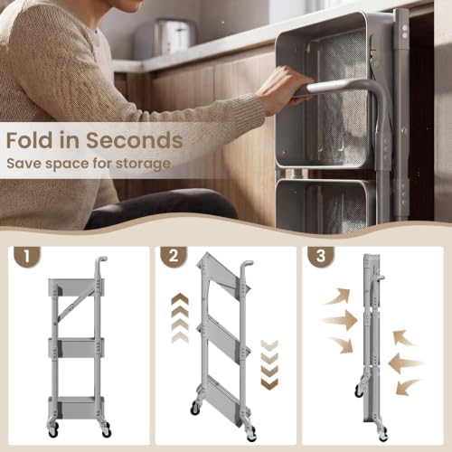 Foldable 3 Tier Rolling Cart, Metal Utility Cart with Wheels - Image 6