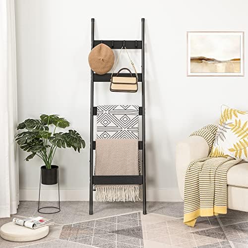 HOOBRO Blanket Ladder, 5-Tier Towel Rack with Hooks, Wall-Leaning Blanket Rack, Decorative Display Ladder Shelf, Scarves, Industrial, Living Room, Bedroom, Black BB52CJ01 - Image 6