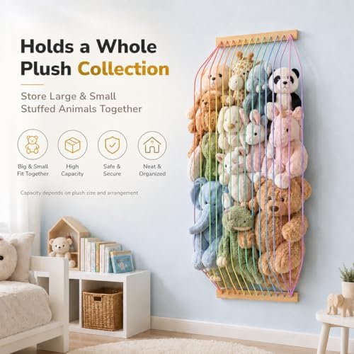 Stuffed Animal Storage Wood Soft Toy Organizer for Kids Room，Cute and Durable Wall or Door Mount Length Adjustable Hanging Stuffed Animal Toy Organizer Shelf for Nursery Play Room Rainbow -Patent - Image 5