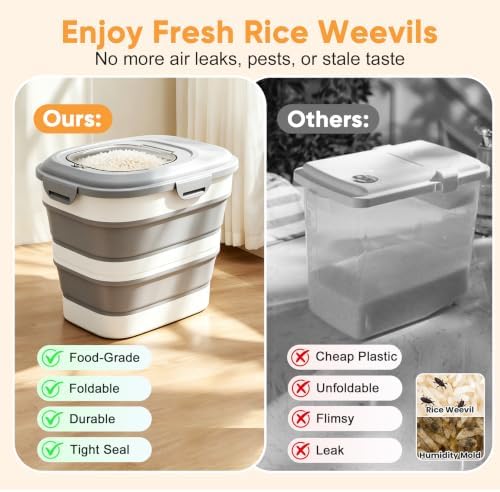 Rice Storage Container, 20 to 50Lbs Collapsible Airtight Rice Container, 30 Lbs Dog Food Storage Container with Wheels, Cup and Scoop, Food Dispenser Bin for Flour, Cereal, Flour, Cat, Bird, Pet - Image 6