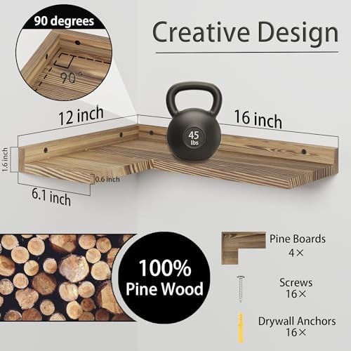 4 Tier Floating Corner Shelves Set of 4, Rustic Pine Wood Floating Corner Wall Shelf for Wall Décor Storage, L Shaped Corner Shelf Wall Mount for Bedroom,Living Room,Bathroom,Kitchen,Carbonized Black. - Image 2