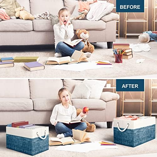 Fab totes Storage Bins 2-Pack, Foldable Storage Baskets for Organizing Toys, Books, Shelves, Closet, Large Storage Box with Rope Handles, Sturdy Organizer Bins, White & Blue - Image 4