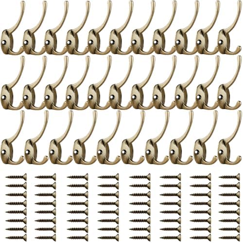IBosins 32 Pack Antique Brass Double Coat Hooks Wall Mounted with 64 Screws - Image 2