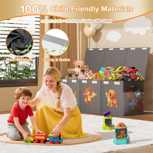 Extra Large Toy Box Chest, Collapsible Sturdy Toy Storage Organizer Boxes Bins Baskets Dinosaur Kids Toy Chest Bin with Lids for Boys Girls Living Room Playroom Bedroom Nursery 41"x14"x16" Gray - Image 3