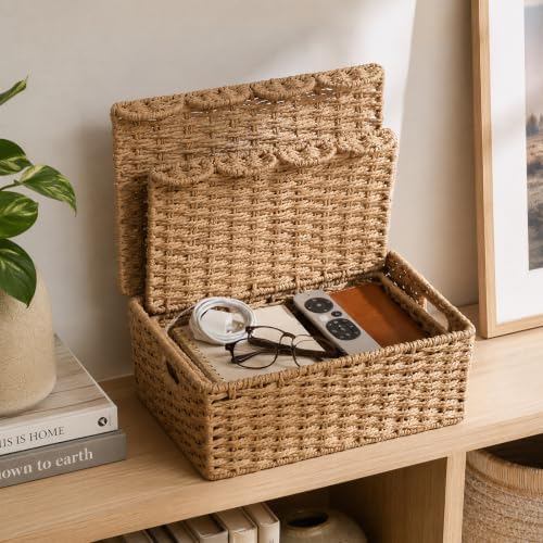 Set of 2 Scalloped Wicker Basket with Lid, Paper Rope Baskets for Shelves - Image 5