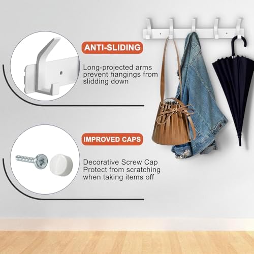 Coat Rack Wall Mounted,5 Coat Hooks for Hanging Coats,Heavy Duty Metal Double Hook Rack Hook Rail,Coat Rack with Hooks,Wall Mount Coat Hanger for Hat Towel Purse Robes,2Pack (White, 5 Hooks) - Image 3