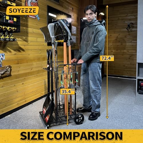 SOYEEZE Garden Tool Organizer with Large Wheels, Heavy Duty 3-Tier Yard Tower Tool Rack for Garage, Holds Up to 35 Long-Handled Tools, Garden Tool Cart with 12 Hooks for Tool Organization Storage - Image 2