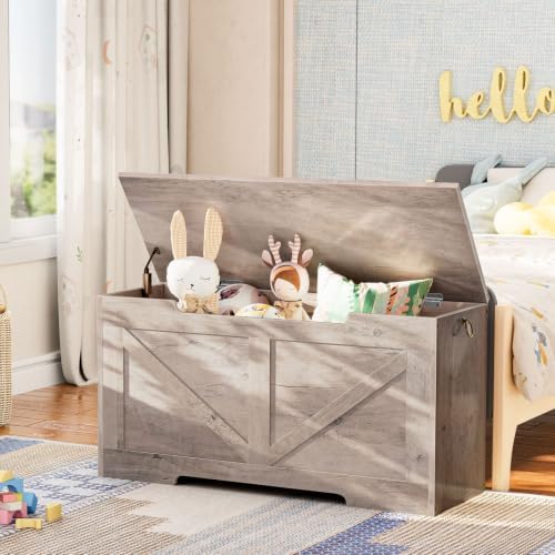HOOBRO Storage Bench, 39.4” Retro Wooden Storage Chest with U-Shaped Cut-Out Pull, Safety Hinge, Supports 330 lb and Easy Assembly for Toy Box Organizer (Greige) BG771CW01G1 - Image 2