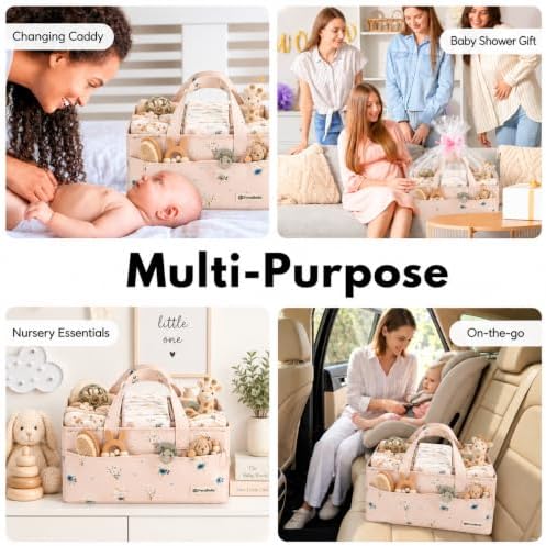 PeraBella Baby Diaper Caddy Organizer 3 Pcs Set, Floral Baby Basket Shower Gift, Nursery Organizer Basket for Newborn Boy Girl Essential Items, Changing Table Organizer Caddy for Baby Stuff, Car Caddy - Image 6