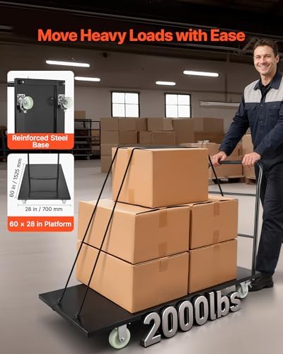 VEVOR 2000 LBS Heavy Duty Platform Truck, Upgraded Version with Larger Deck (60" x 28"), Industrial Steel Flatbed Cart with Swivel Wheels, Push Cart Dolly for Warehouse/Garage/Moving/Garden - Image 2