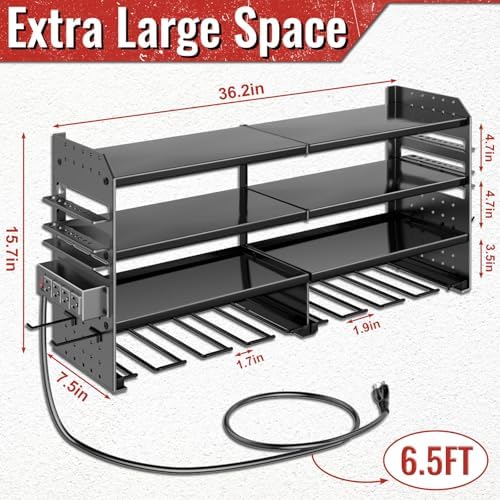 Large Power Tool Organizer Wall Mount with Charging Station, 4 Layer Heavy Duty Metal Cordless Tool Organizer, Tool Storage Rack with 8 Cordless Drill Holder Screwdriver Hammer(Black) - Image 2