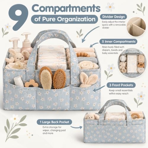 PeraBella Baby Diaper Caddy Organizer, Floral Baby Basket Shower Gift, Nursery Organizer Basket Newborn Boy & Girl Essential Items, Changing Table Organizer Caddy for Baby Stuff, Car Caddy- Blue Daisy - Image 2