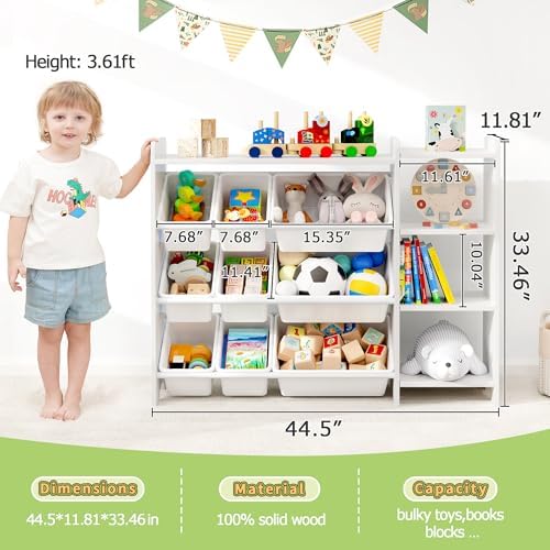 MallBest Kids Toy Storage Organizer with Bins, Solid Pine Wood Frame Toy Storage Cabinet and Kids Bookshelf, 3-Tier Playroom Organizer for Kids Room, Nursery and Bedroom, White - Image 2