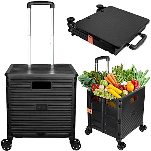 Foldable Utility Cart Portable Collapsible Crate Rolling Carts with Wheels Rolling Tote Basket Teacher Cart with Lid Wear-Resistant 360°Rotate Wheel Noiseless for Shopping Storage Office Use by SELORSS