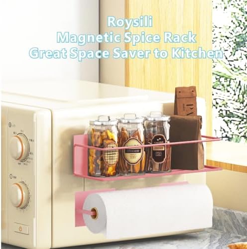 Magnetic Spice Rack For Refrigerator Magnetic Fridge Shelf For Kitchen Spice Organizer Magnetic Shelf For Fridge Space Saving Pink 4 Pack With Magnetic Paper Towel Holder - Image 4
