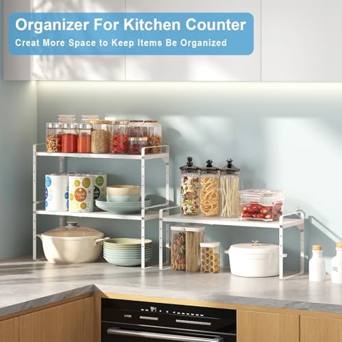 15.5 to 25.5 Inch Kitchen Cabinet Shelf Organizers, Adjustable Kitchen Counter Shelf Organizer, Set of 3 Expandable Countertop Storage Shelves, Stackable Design, 30LBS Heavy Duty, Space Saver - Image 7